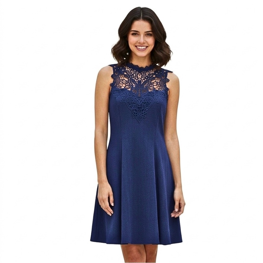 Alya Blue Sleeveless Fit and Flare Crochet Neckline Dress Size Large